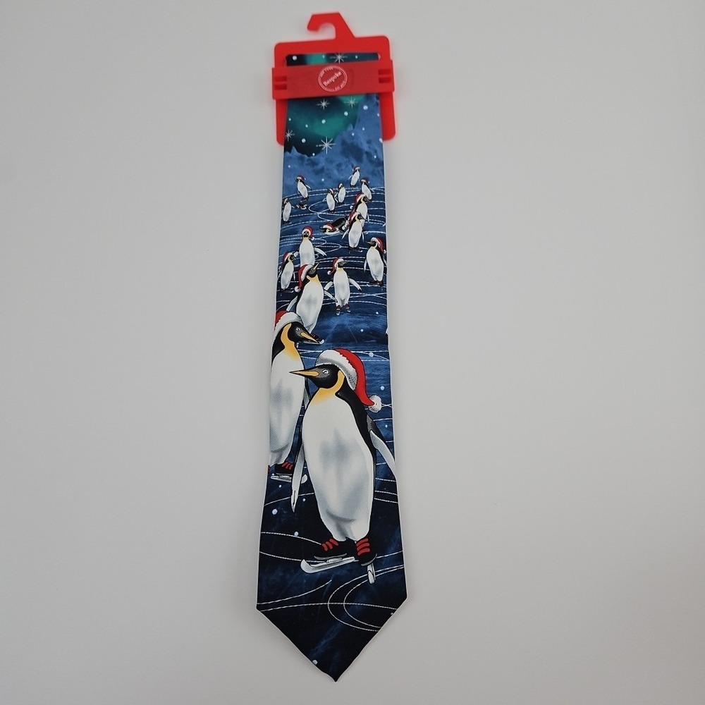 Christmas Neck Tie Ice‎ Skating Penguins Santa Hats Festive Gift Dad New - Picture 3 of 5